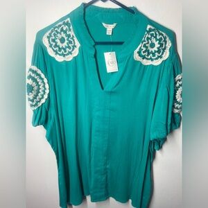 Cato Teal Blouse with White Embroidery